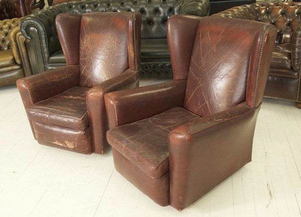 VERY GOOD 1930’S WING CHAIRS IN LOVELY WORN LEATHER