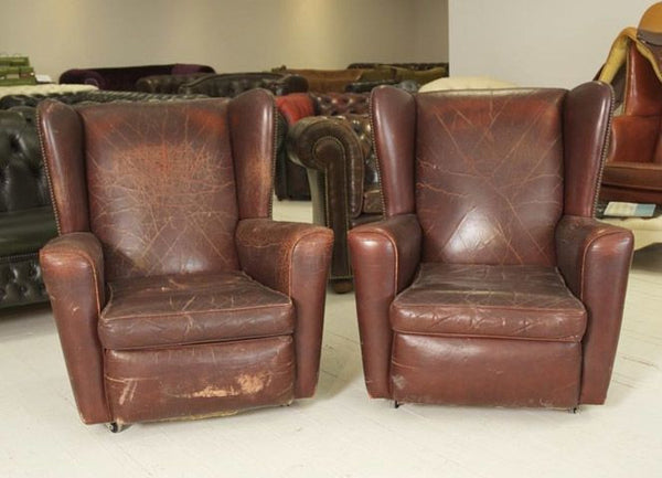1930 s Wing Chairs in Lovely Worn Leather Robinson of England