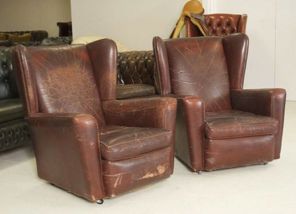 VERY GOOD 1930’S WING CHAIRS IN LOVELY WORN LEATHER