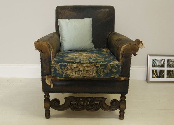 EARLY TWENTIETH CENTURY ANTIQUE ARMCHAIR IN ORIGINAL FRENCH BLUE LEATHER