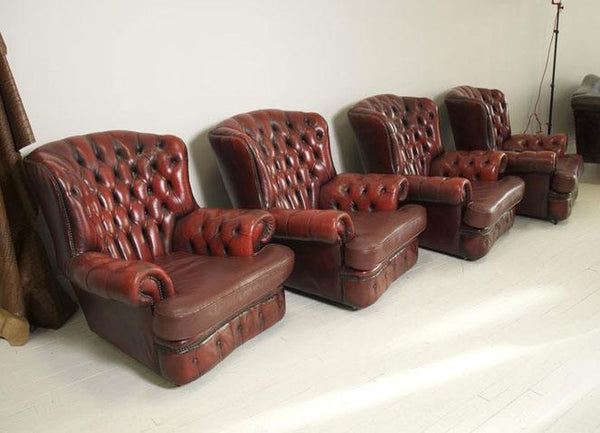FOUR PRE-LOVED LEATHER CHESTERFIELD HIGH BACK MONKS CHAIRS