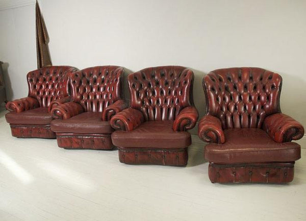 FOUR PRE-LOVED LEATHER CHESTERFIELD HIGH BACK MONKS CHAIRS
