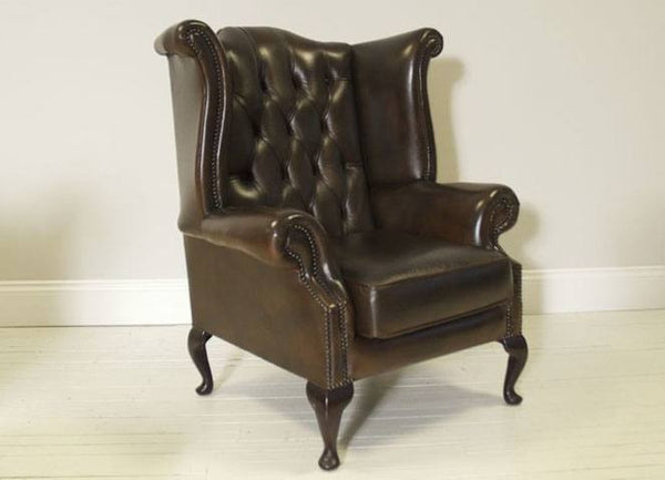 PRE-LOVED SECOND HAND LEATHER CHESTERFIELD WING BACK CHAIR IN RICH CHOCOLATE BROWN