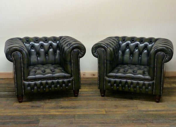 BEAUTIFUL PAIR OF ANTIQUED GREEN CHESTERFIELD CLUB CHAIRS