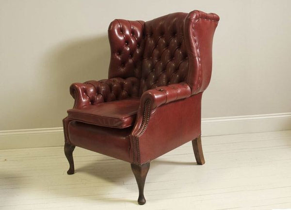 PORTLAND QUEEN ANNE CHAIR: HAND DYED RASPBERRY WINE LEATHER
