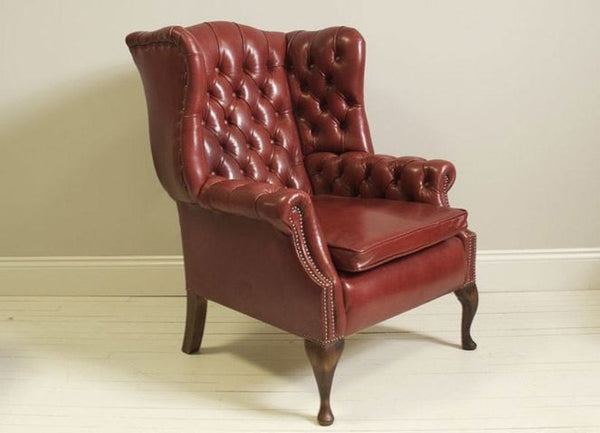 PORTLAND QUEEN ANNE CHAIR: HAND DYED RASPBERRY WINE LEATHER