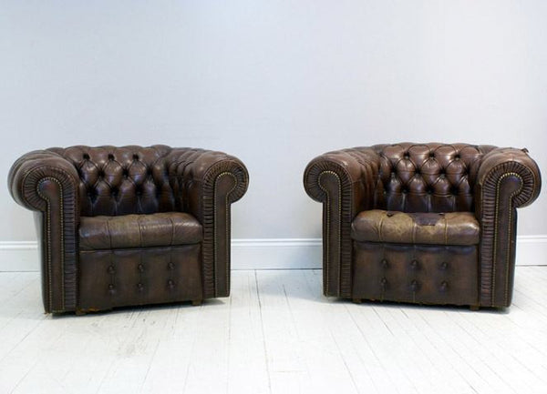 MATCHING PAIR OF VINTAGE BROWN CHESTERFIELD CLUB CHAIRS